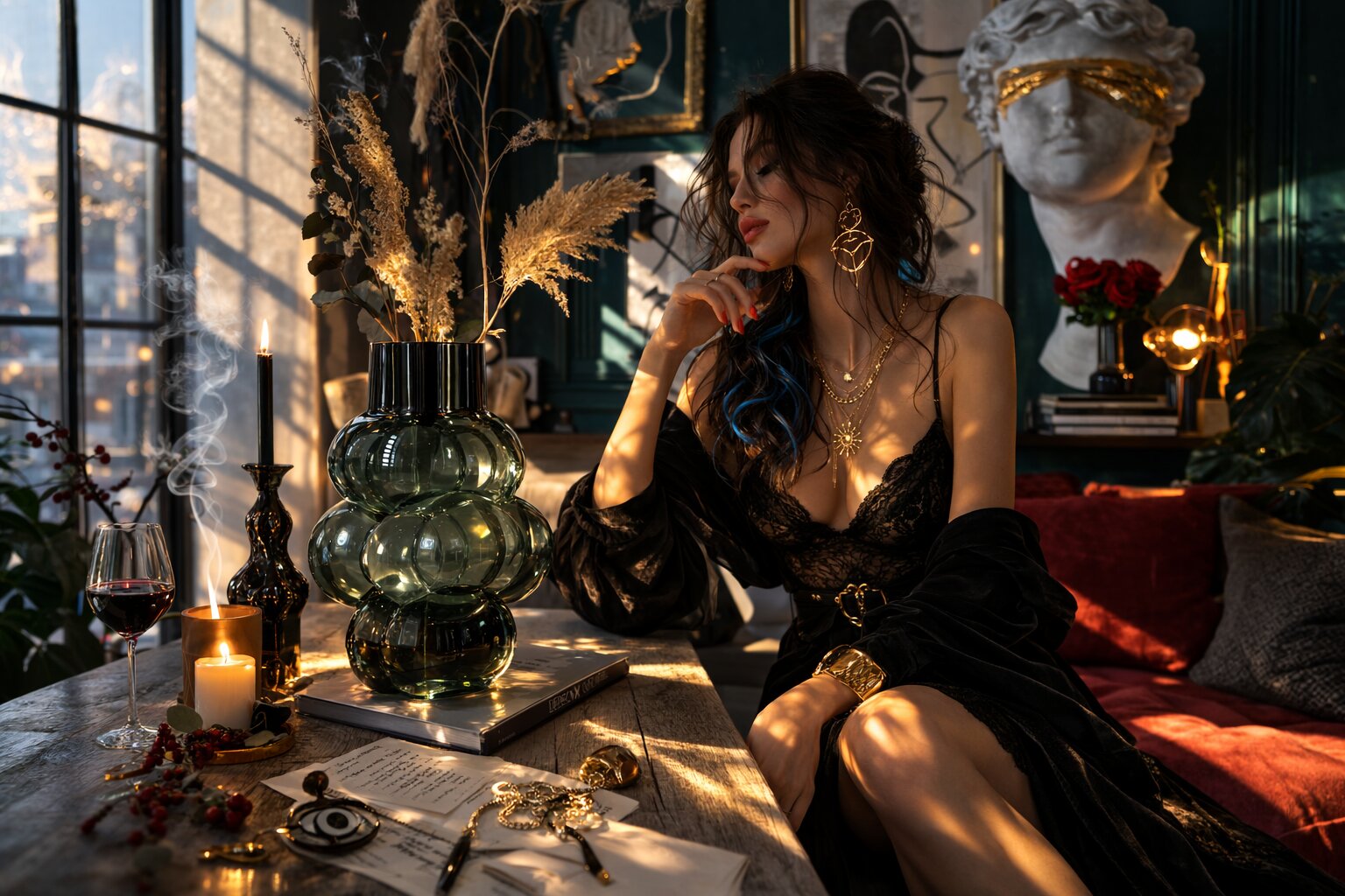 статуэтка в композиции с книгами и декором